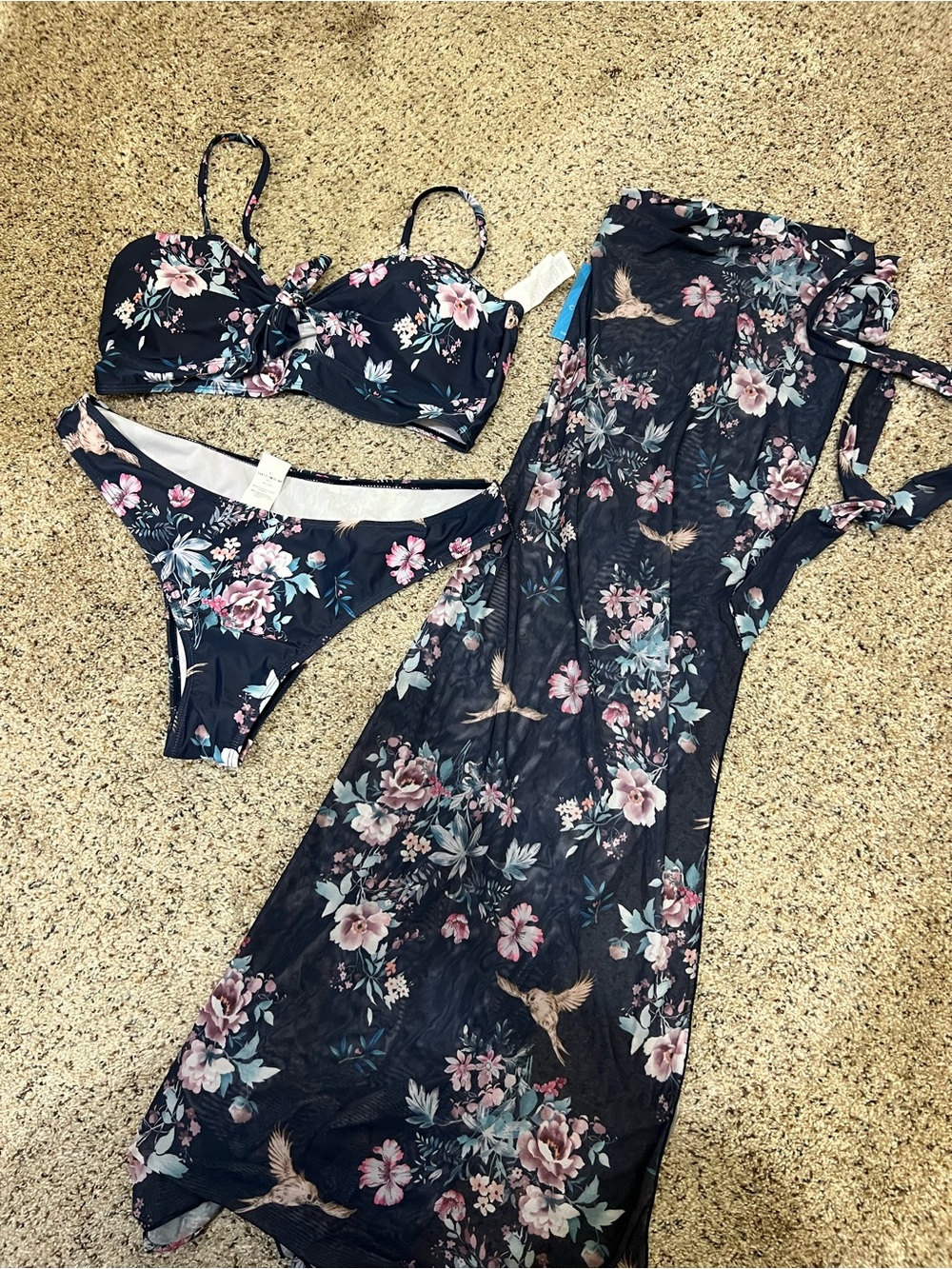 Cupshe Navy Floral Three-Piece Swim Set with Sheer Sarong